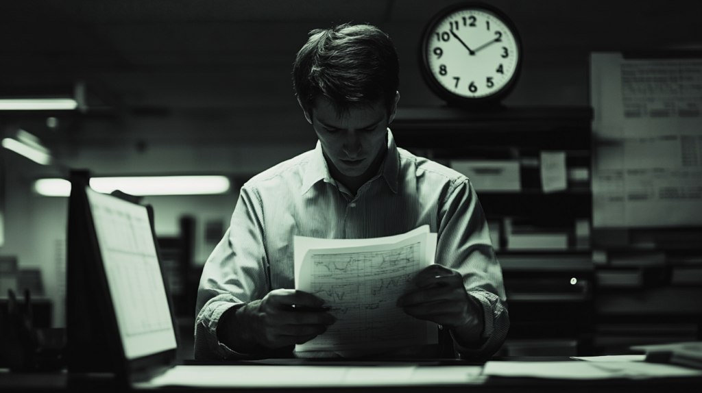 Worker reviewing legal documents and charts about Alaska overtime laws.